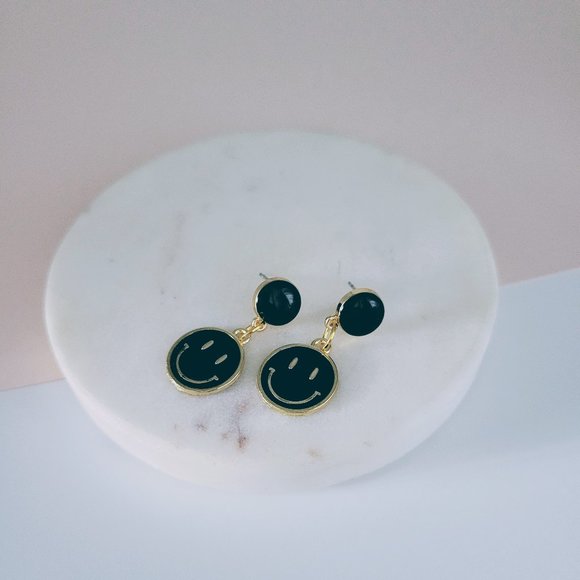 Black Smiley Face Happy Face Earrings - Picture 3 of 5